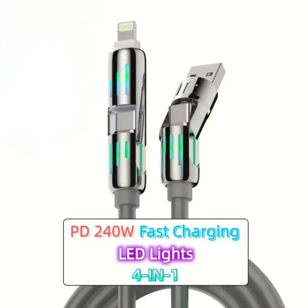 4-in-1 Fast Charging USB Cable, Multi-Port Charging with Color LED Lights